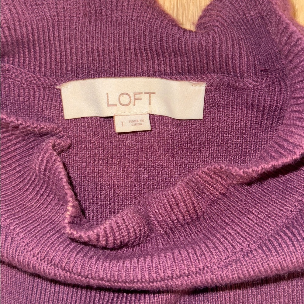 LOFT Plum Ribbed Midi Dress with Ruffle Neck - Picture 3 of 4